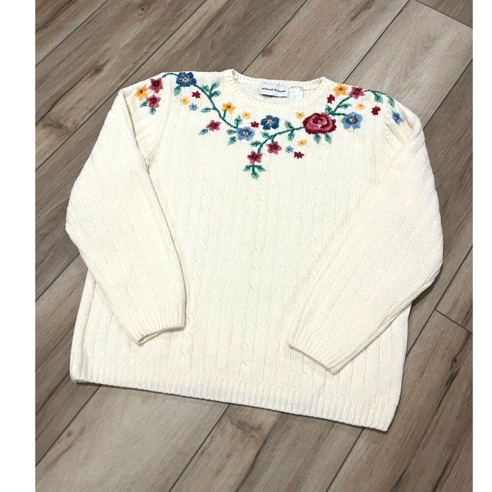 Alfred Dunner Floral Embroidered Beaded Sweater Spring Women Vintage M